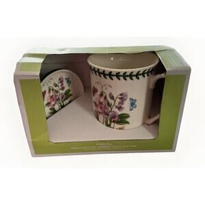 Portmeirion Botanic Garden “Sweet Pea” Mug & Coaster Set 12oz Flowers Butterfly